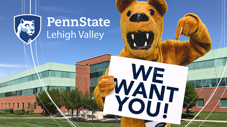 Nittany Lion pointing to a sign that says, "We Want You."