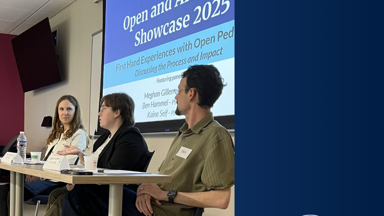 3 faculty members sit at a table in front of a projector in a classroom and look at each other 