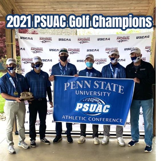 2021 PSUAC Golf Champions holding PSUAC banner
