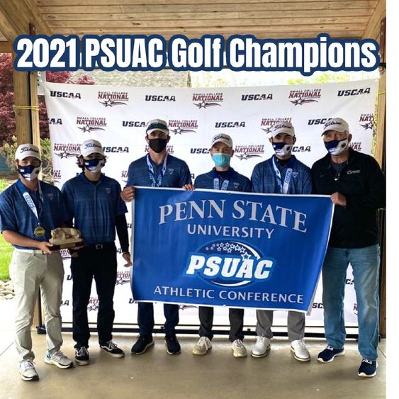 2021 PSUAC Golf Champions 2021 PSUAC Golf Champions holding PSUAC banner