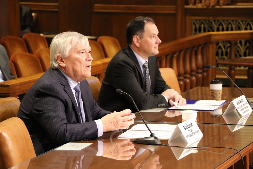 Penn State President Eric Barron and James Delattre address lawmakers at the state Capitol in Harrisburg. 