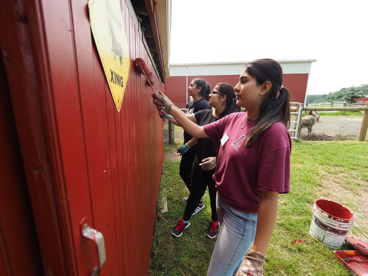 Three female students painting a barn