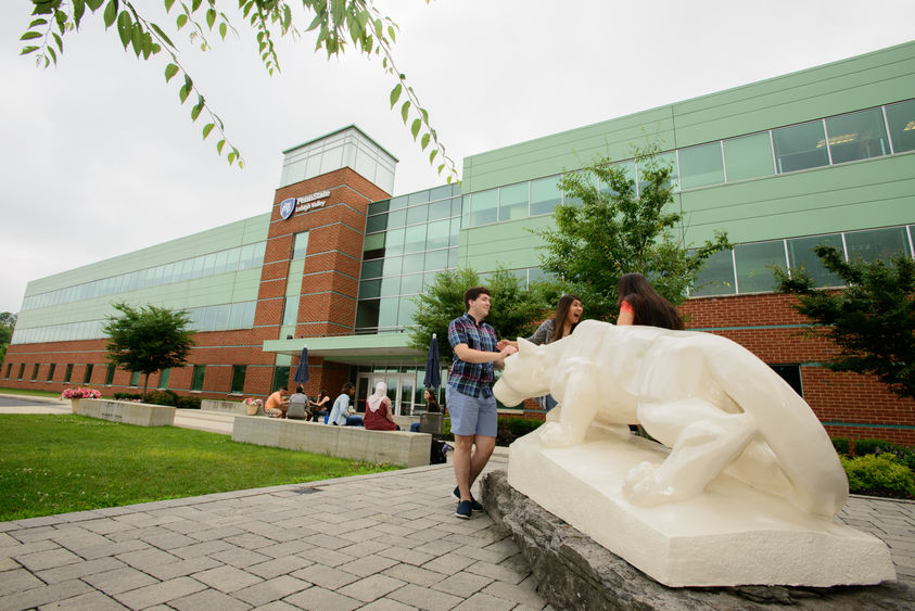 students by Lehigh Valley's Nittany Lion Shrine outside of building