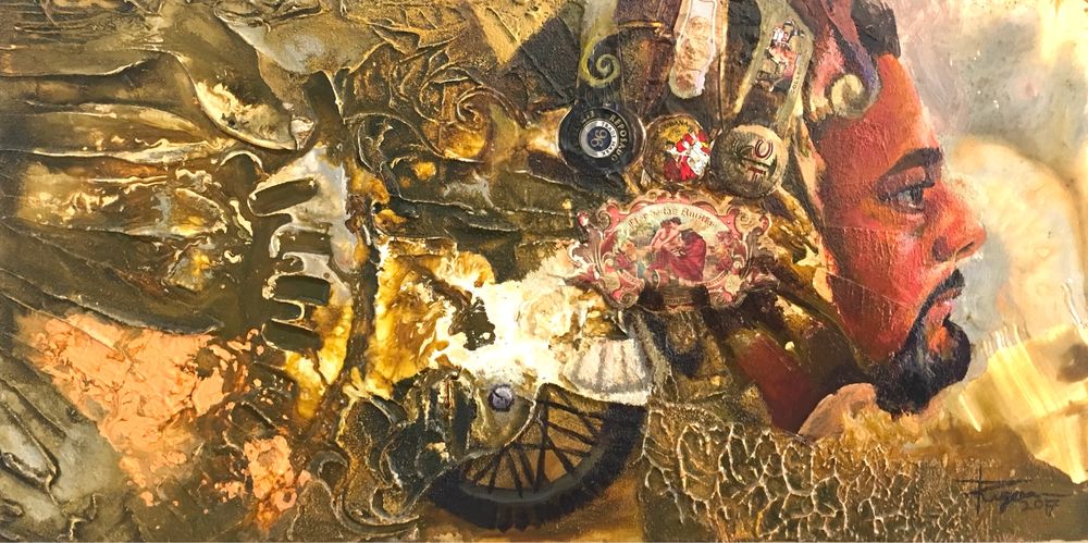 a painting of the profile of a bearded man with collage emanating from the back of his head with gold textures and cigar band art.