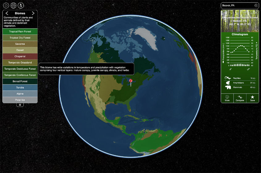 A screen shot of the biome viewer interactive map in use