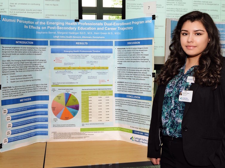 Female student stood near her research project poster Female student stood near her research project poster
