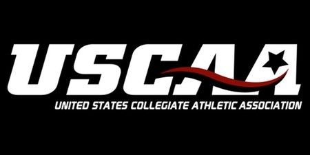 Logo for USCAA, black background with white block letter