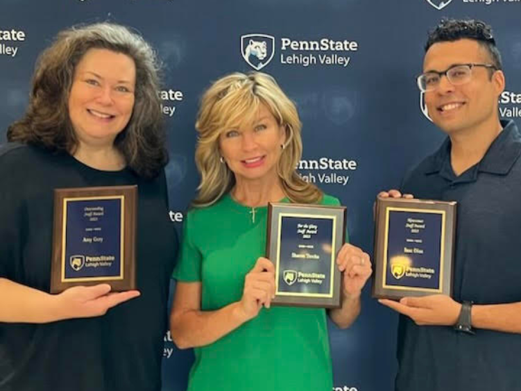 A photo of three Penn State Lehigh Valley faculty members; Amy Gery, Sharon Tercha and Izac Diaz who received recognition on All Campus Day for their achievements.