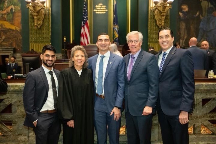 Senator Nick Miller (center) with Previn Joseph, Miller’s mother, Lehigh County Judge Michele Varricchio, Mike Krajsa, and Chris LaBonge