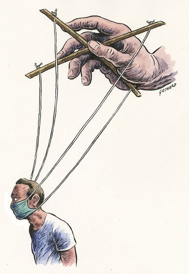 Art of a masked man on puppet strings