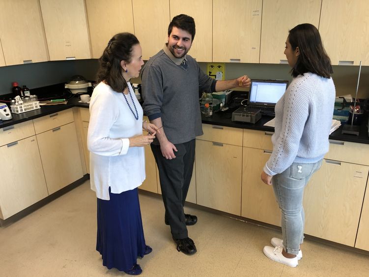 Professor working with two students in a lab