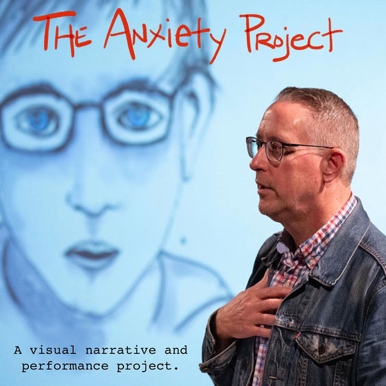 man in front of a graphic that says The Anxiety Project