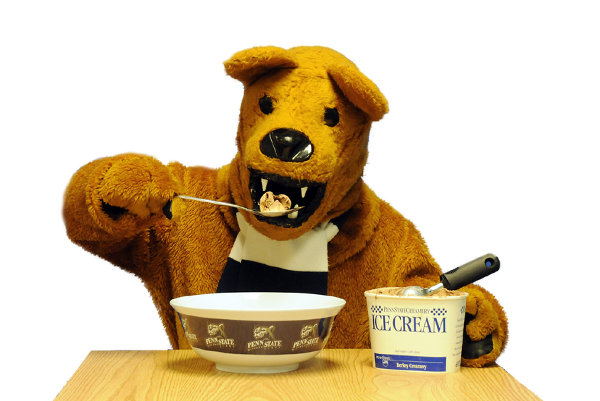 The Nittany Lion mascot digs in to a bowl of Berkey Creamery Ice Cream