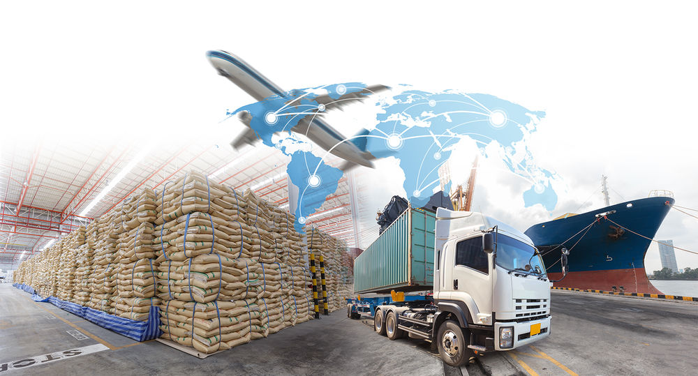 A collage image of stacks of dry goods, airplane, truck, ship, and world map.