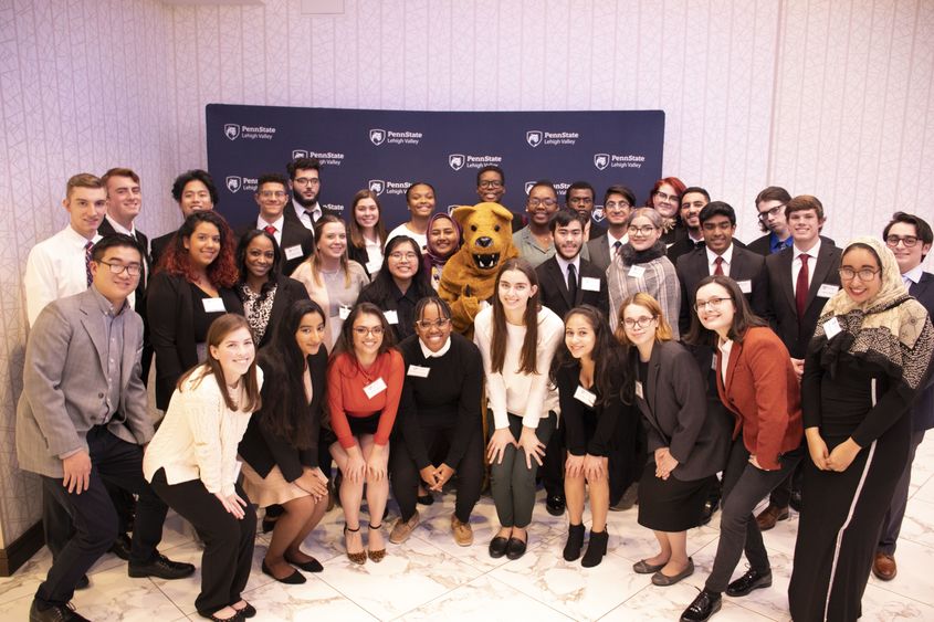 group of students with nittany lion mascot