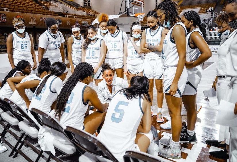 PSU-LV women's basketball team players listen to head coach Lorie Khalil 